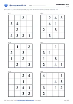 Børnesudoku 4×4 til print – side 1 af PDF'en