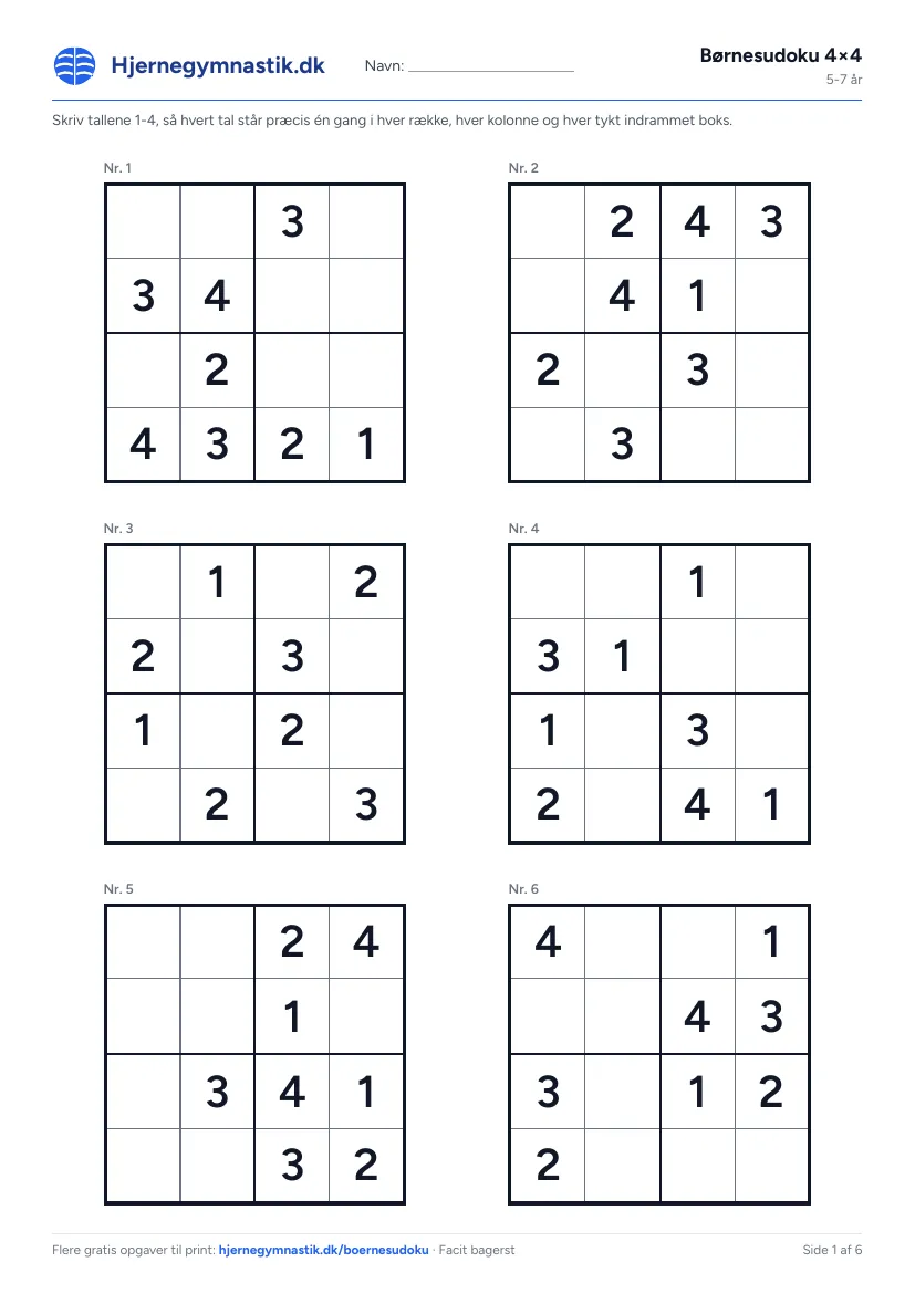 Børnesudoku 4×4 til print – side 1 af PDF'en