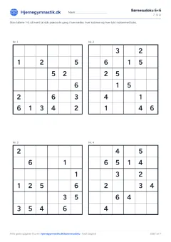Børnesudoku 6×6 til print – side 1 af PDF'en