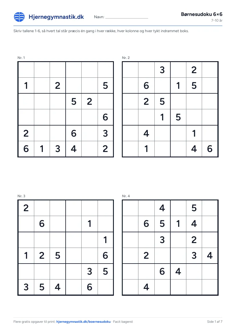 Børnesudoku 6×6 til print – side 1 af PDF'en