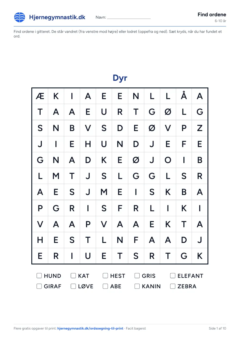 Find ordene til print – tema: Dyr