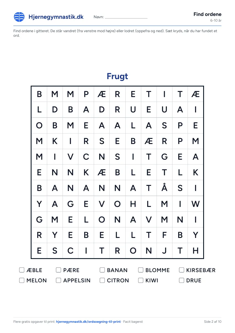 Find ordene til print – tema: Frugt