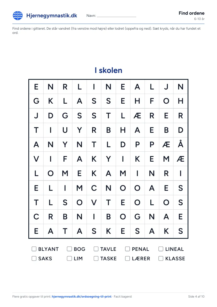 Find ordene til print – tema: I skolen