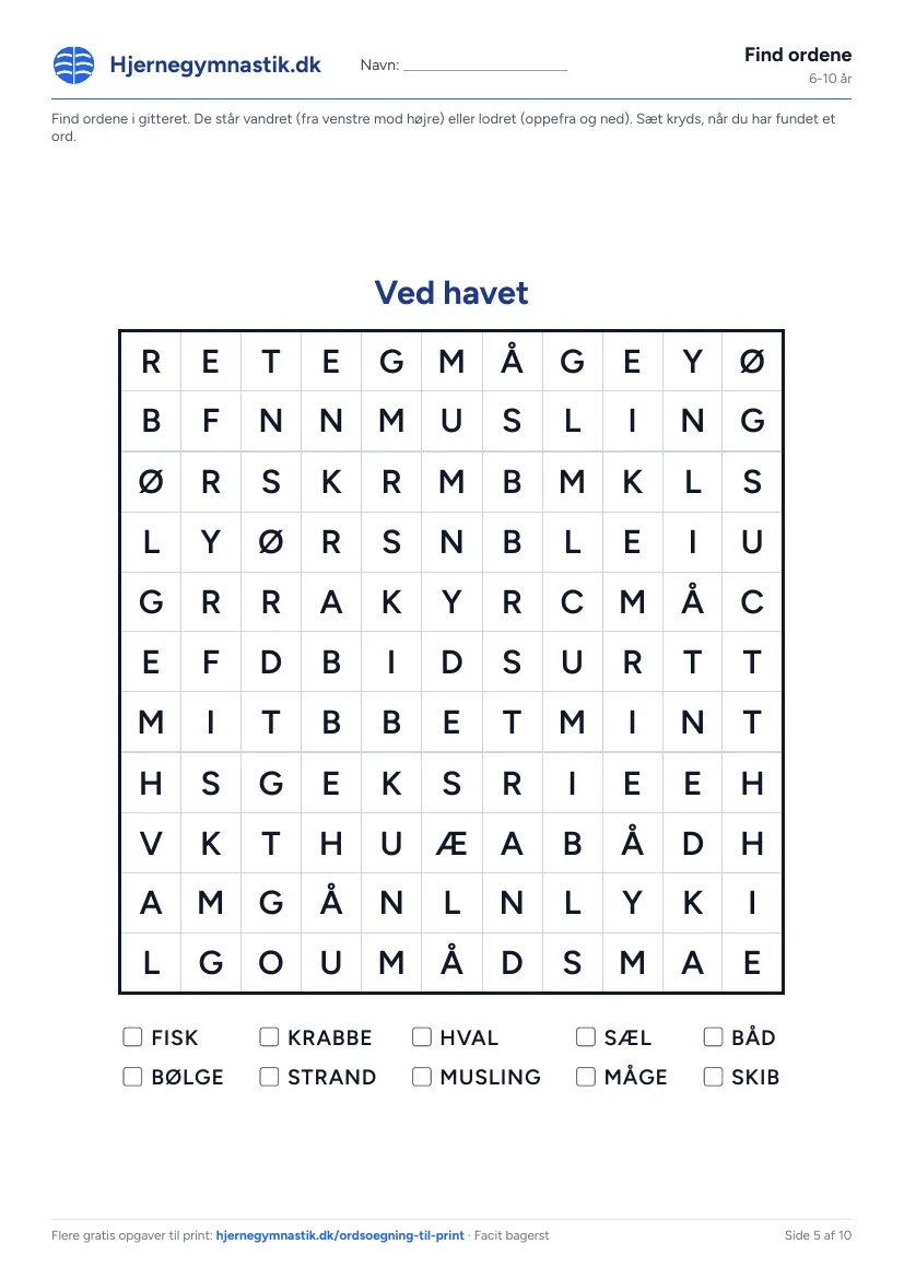 Find ordene til print – tema: Ved havet