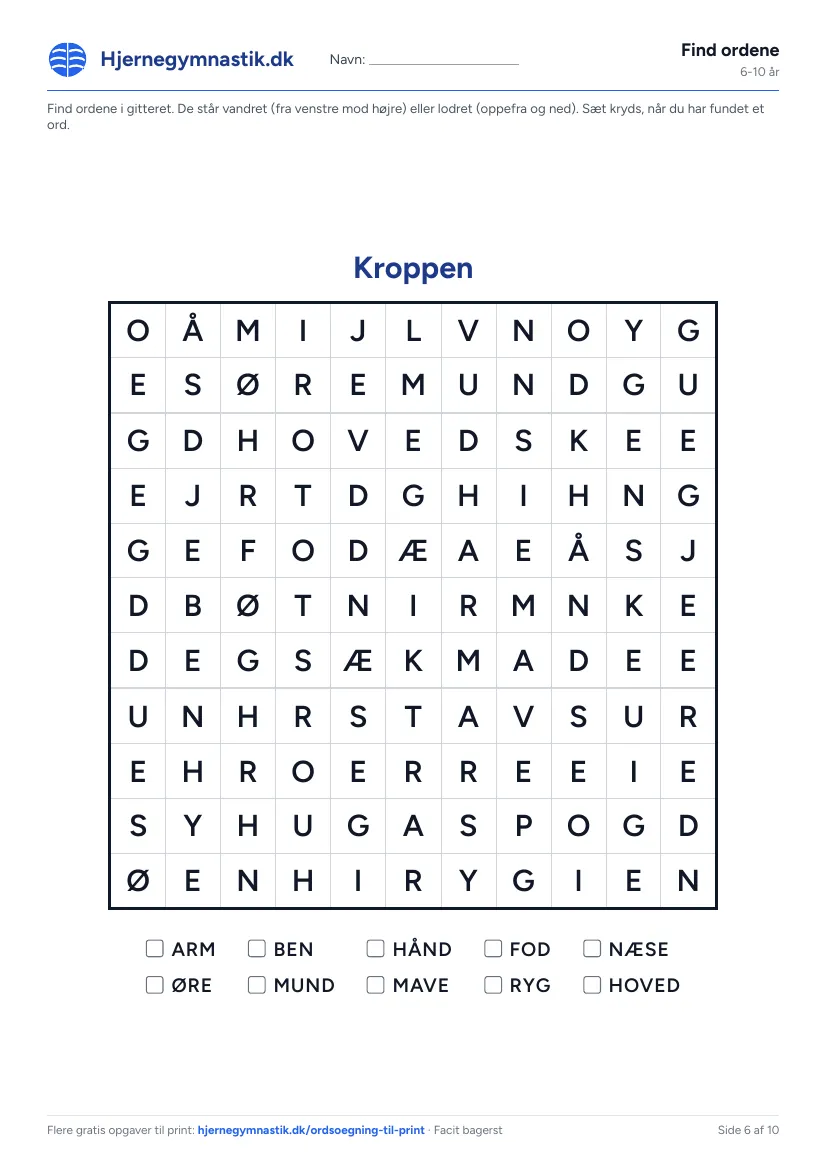 Find ordene til print – tema: Kroppen