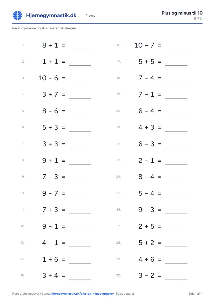 Plus og minus til 10 til print – side 1 af PDF'en