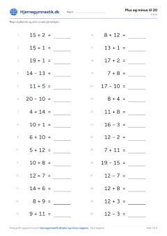 Plus og minus til 20 til print – side 1 af PDF'en