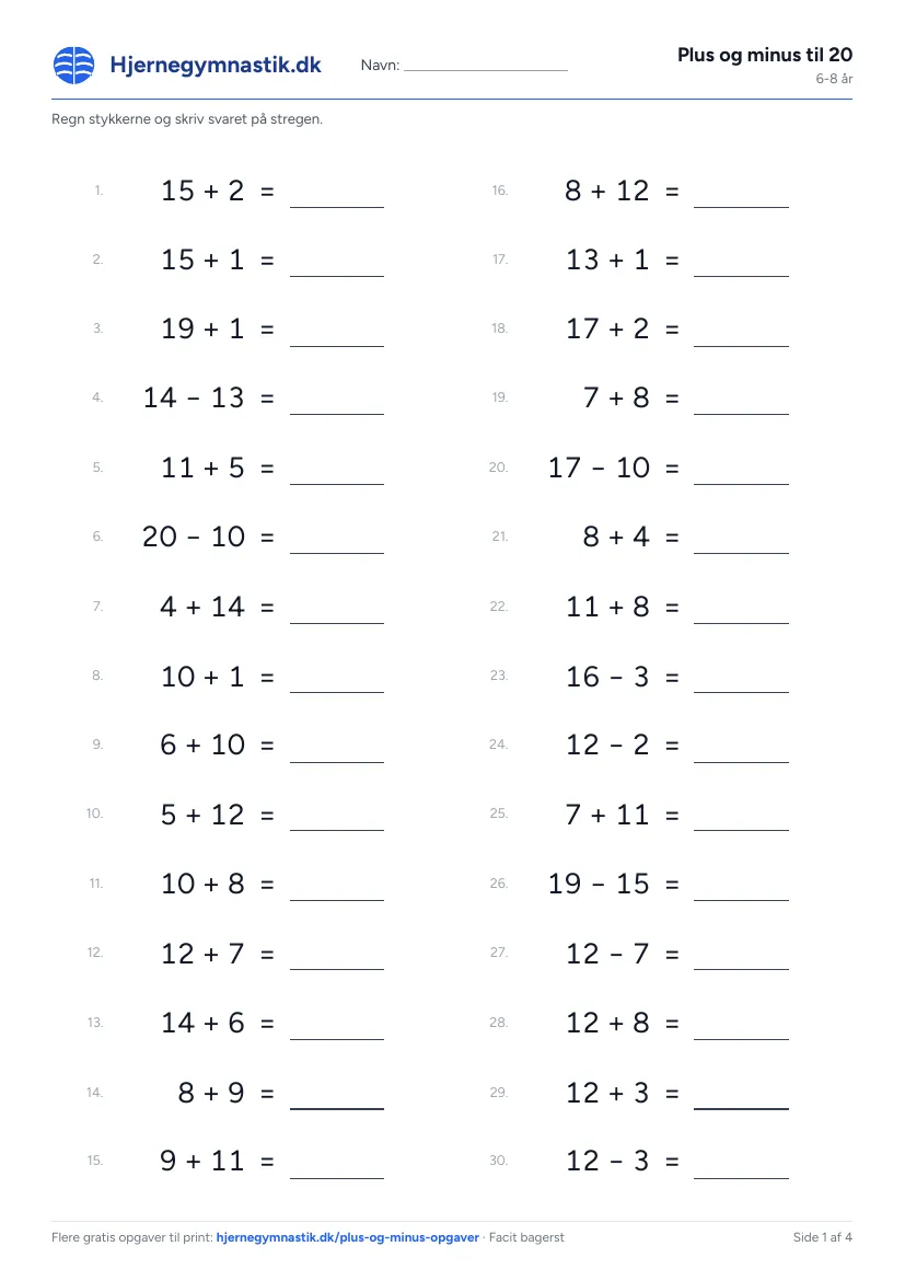 Plus og minus til 20 til print – side 1 af PDF'en