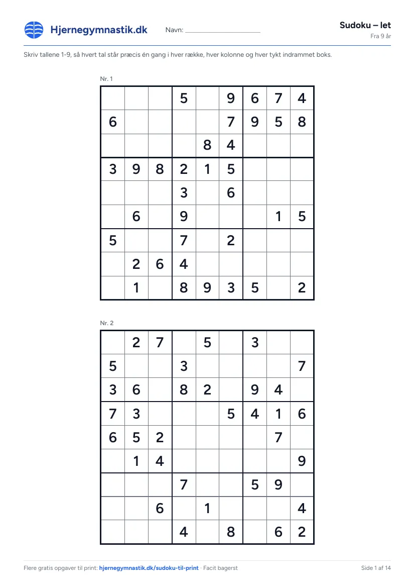 Sudoku – let til print – side 1 af PDF'en