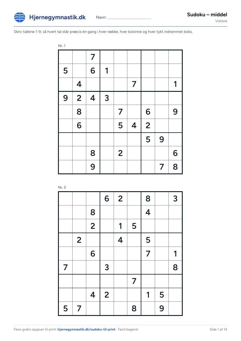 Sudoku – middel til print – side 1 af PDF'en