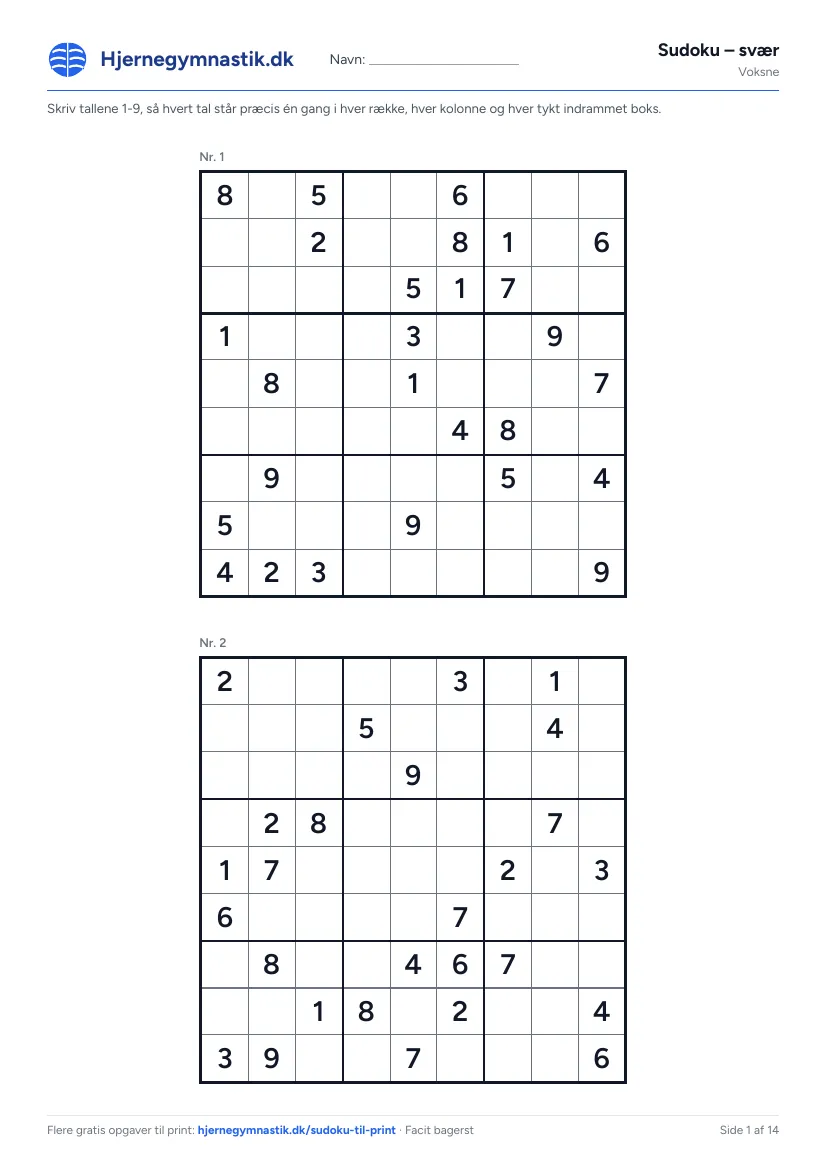 Sudoku – svær til print – side 1 af PDF'en